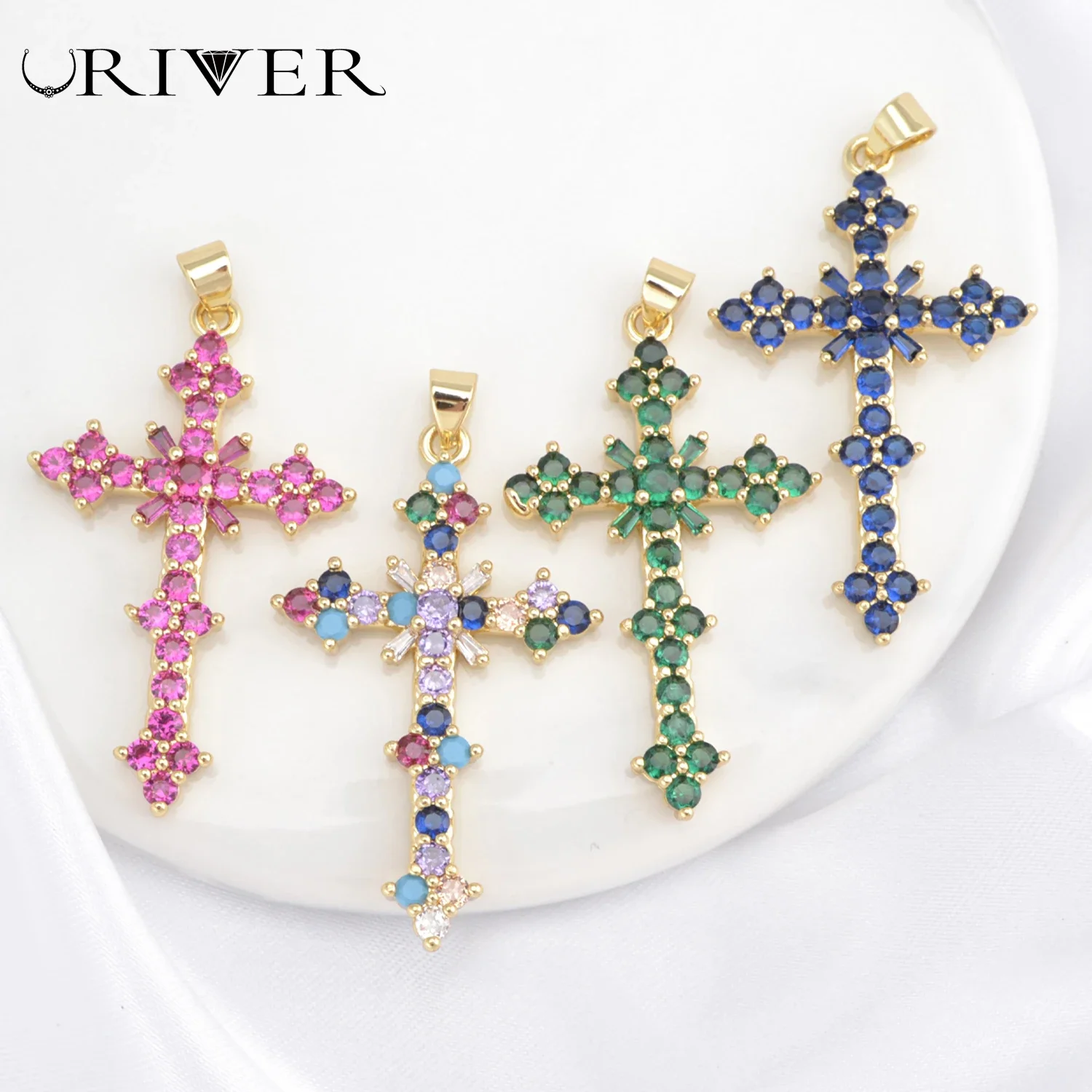 Luxury DIY Jewelry Charm Paved Exquisite Zircon Christian Cross Religious Belief Pendant Jewellery Earrings Necklace Accessories