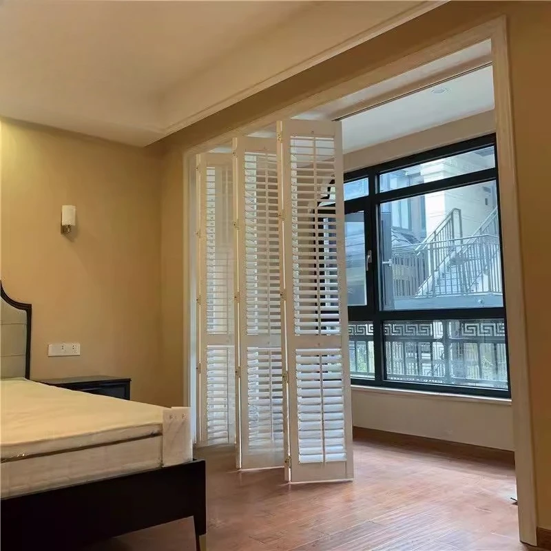 Solid wood louvers folding sliding door balcony living room cloakroom partition breathable window door source head