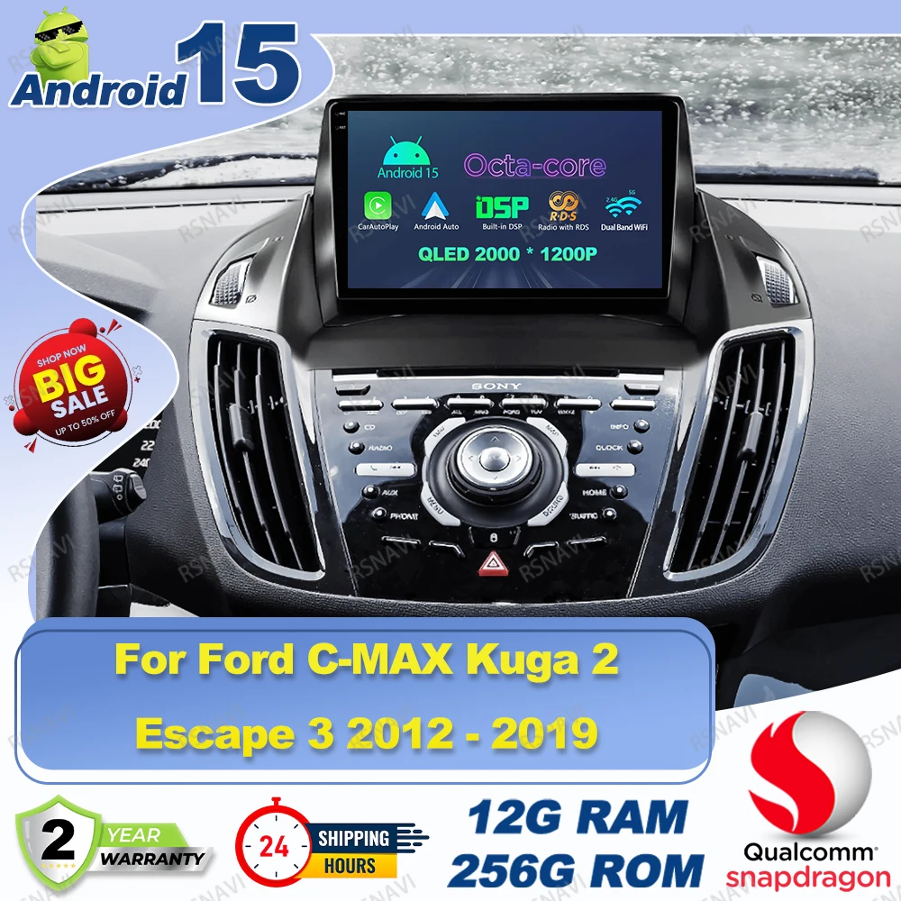 Android 15 Car Radio For Ford C-MAX Kuga 2 Escape 3 2012 2013 2014 - 2019 W213 Obd2 Scanner Auto Steering Wheel Cover Golf Mk4