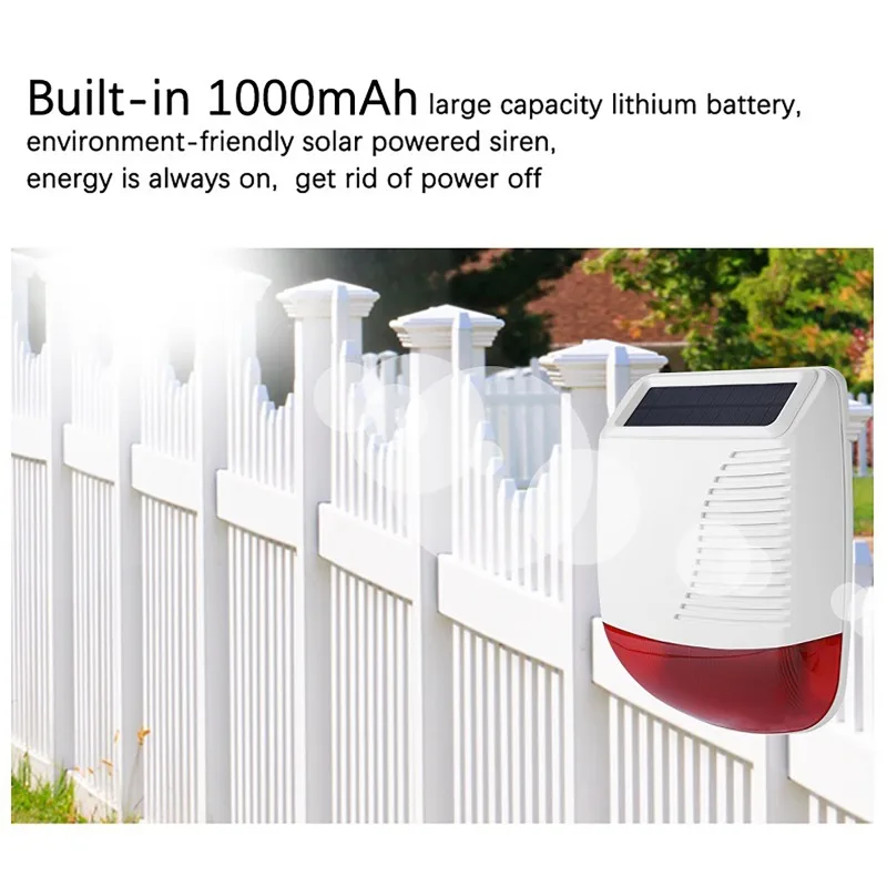 

433Mhz Wireless Outdoor Solar Siren High Decibel Loudspeaker Waterproof Strobe Alarm Siren Easy Installation Long Battery Life