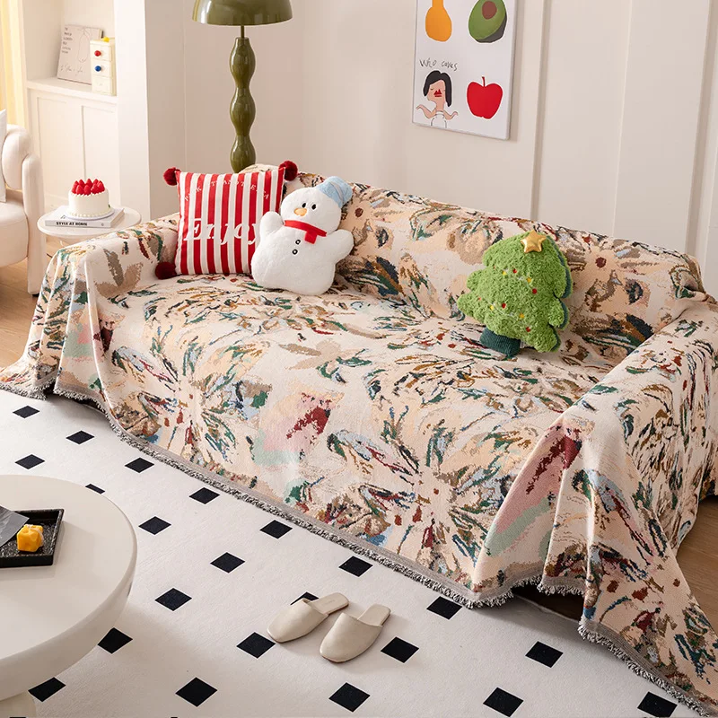 Christmas Printed Chenille Sofa Towel Multi Purpose Dust-Proof Couch Cover for Living Room Soft Double Face Usable Seat Cushion