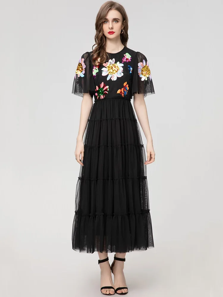 

JUNLINNA Spring Summer Women High Street Dress Sequins Beading Embroidery Midi Vestidos Mesh Fashion Expansion