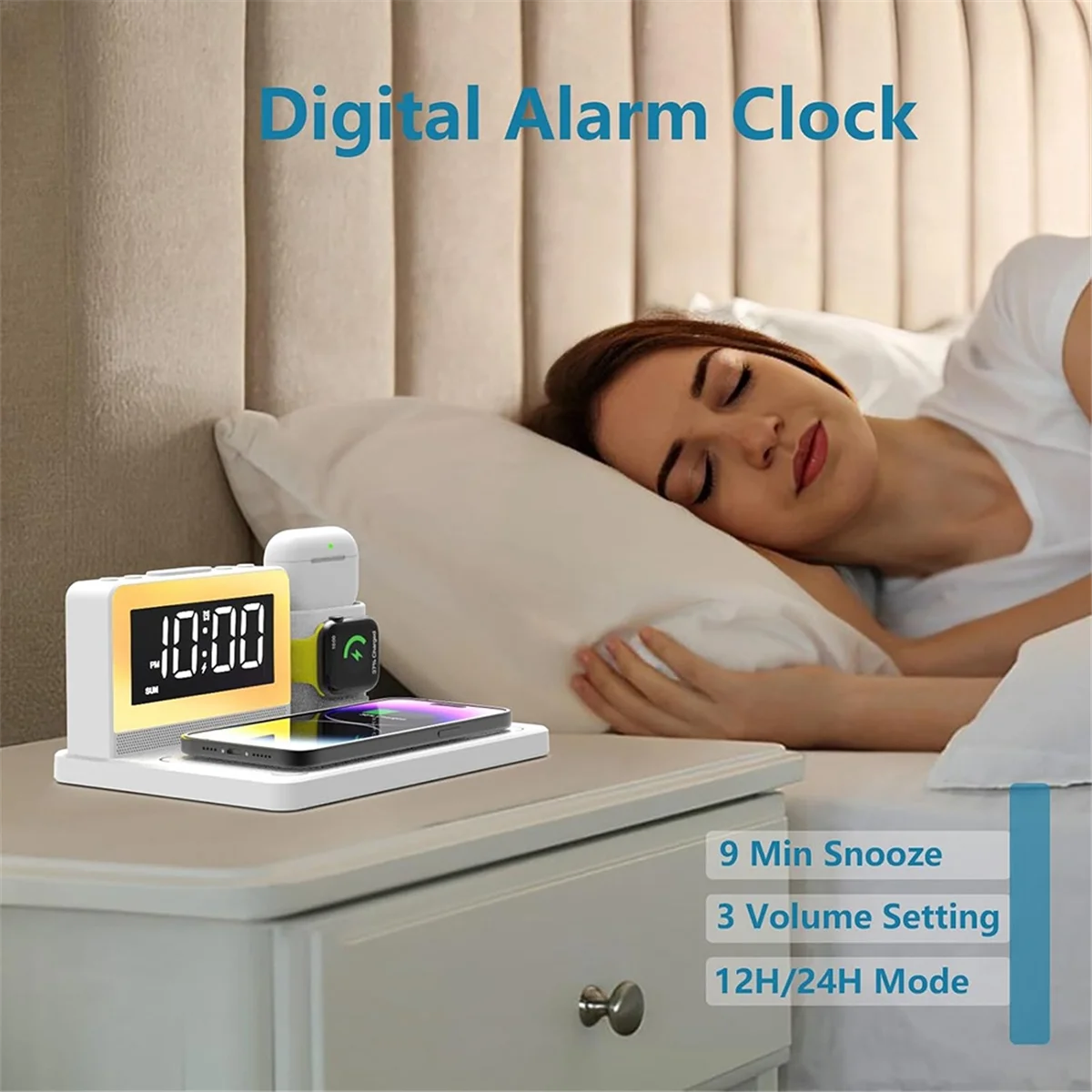 

Digital Alarm Clock Wireless Charging Dock Multifunctional 5-in-1 Wireless Charger 15W Wireless Charging Supports