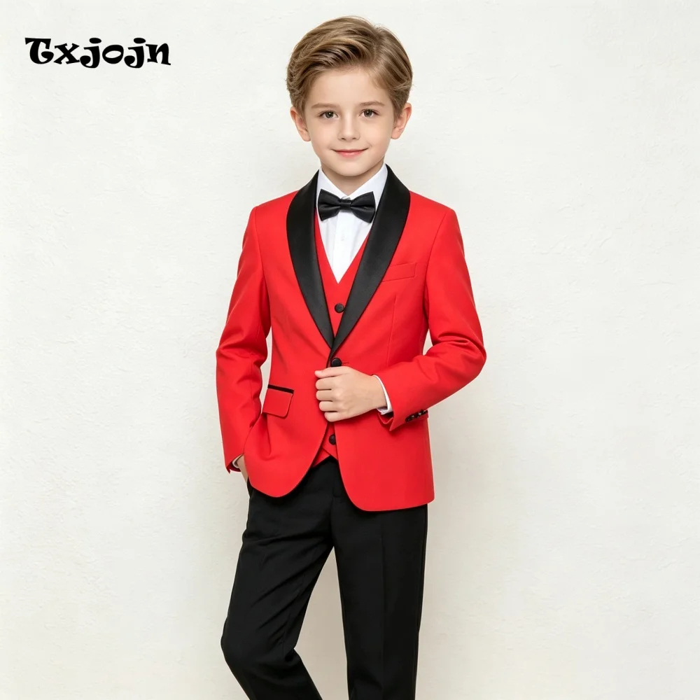 Formal Suit Boys Wedding Tuxedo Apple Red Jacket Vest Pants 3 Piece Set Formal Clothes Holiday Party Blazer Kids Custom Outfit