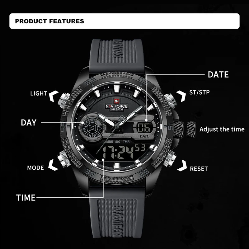 NAVIFORCE Quartz Watch For Men Silicone Bracelet Sport Wristwatches 30m Waterproof Alarm Clock Analog Digital Clock Reloj Hombre