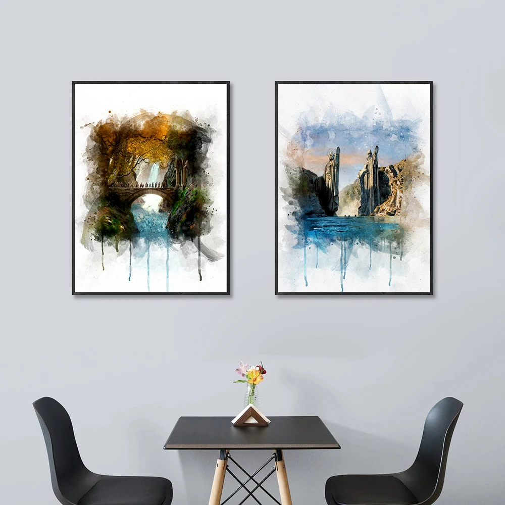 2pc Tolkien Middle Earth Landscape Print The Rivendell Watercolor Painting Travel Gift Poster The Argonath Wall Picture Decor