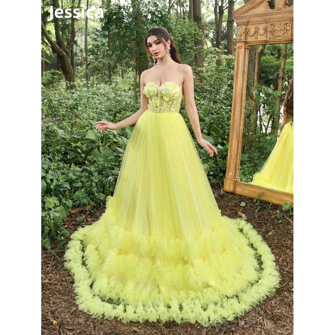 

Jessica Fairy Yellow Prom Dresses 3D Appliqué Tulle Spaghetti Straps Evening Dresses Luxury Handmade Tulle Wedding Party Dress