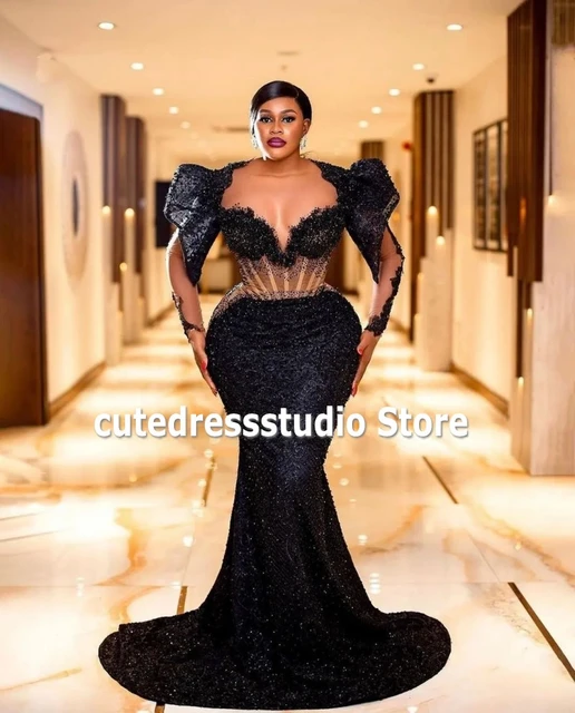 Black Plus Size Evening Dresses For Women Long Sleeves Sequin Beading  Mermaid Prom Gowns African Women Wedding Party Dress - AliExpress