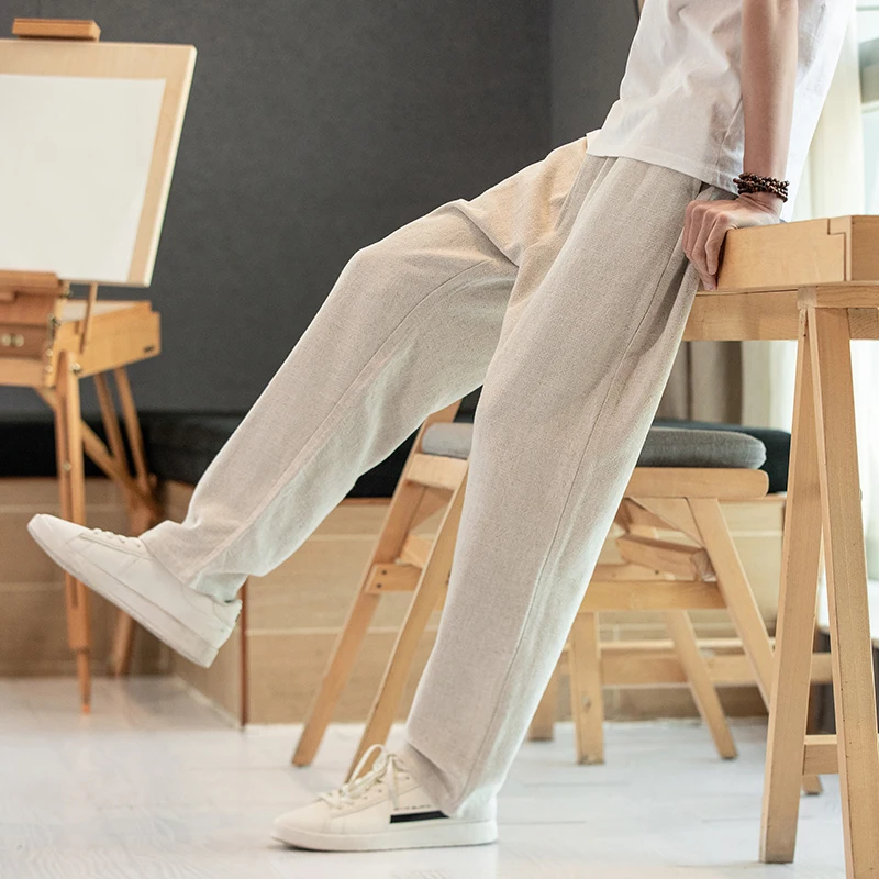 

Мужские повседневные брюки из хлопка и льна, свободного кроя, летние, тонкие, новые, однотонные, прямые, в стиле Харлан, удобные, дышащие