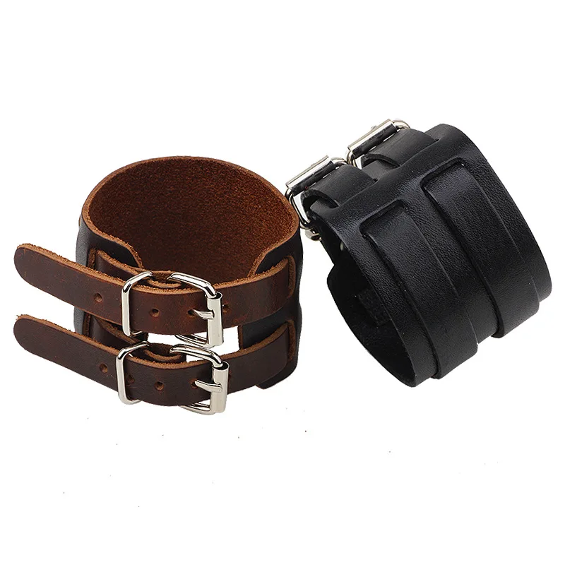 Punk Unisex Wide Genuine Leather Bracelet Double Buckle Mens Womens Wrap Bracelet 2022 New Fashion Jewelry