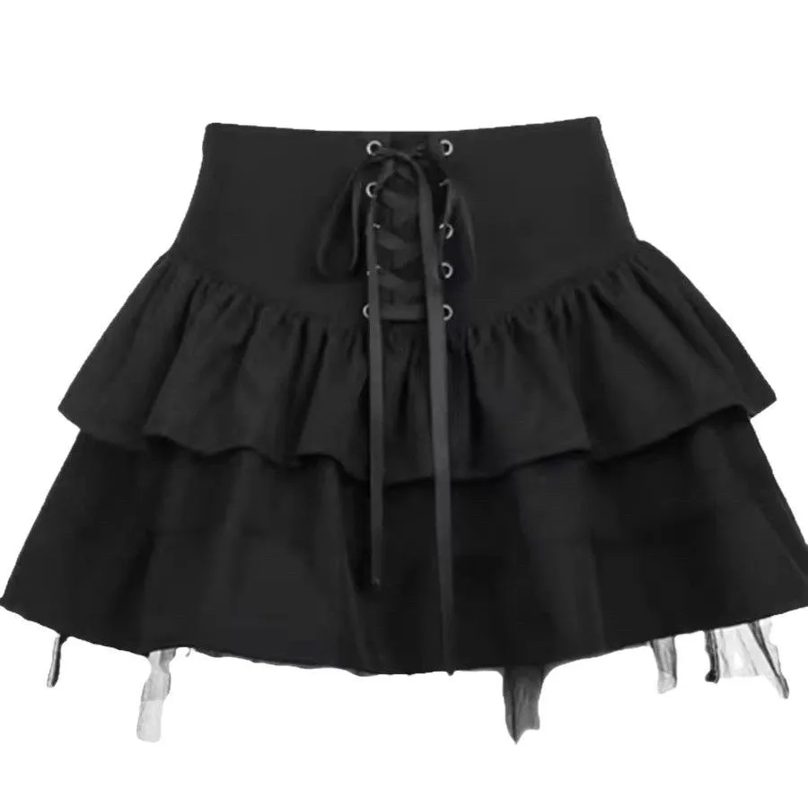 

Women's Black High Waist Skirt Lace Up Waist Tiered Ruffle Skirts Cotton Blend Mesh Mini Skirt Puff Pleated Hem Short Skirt