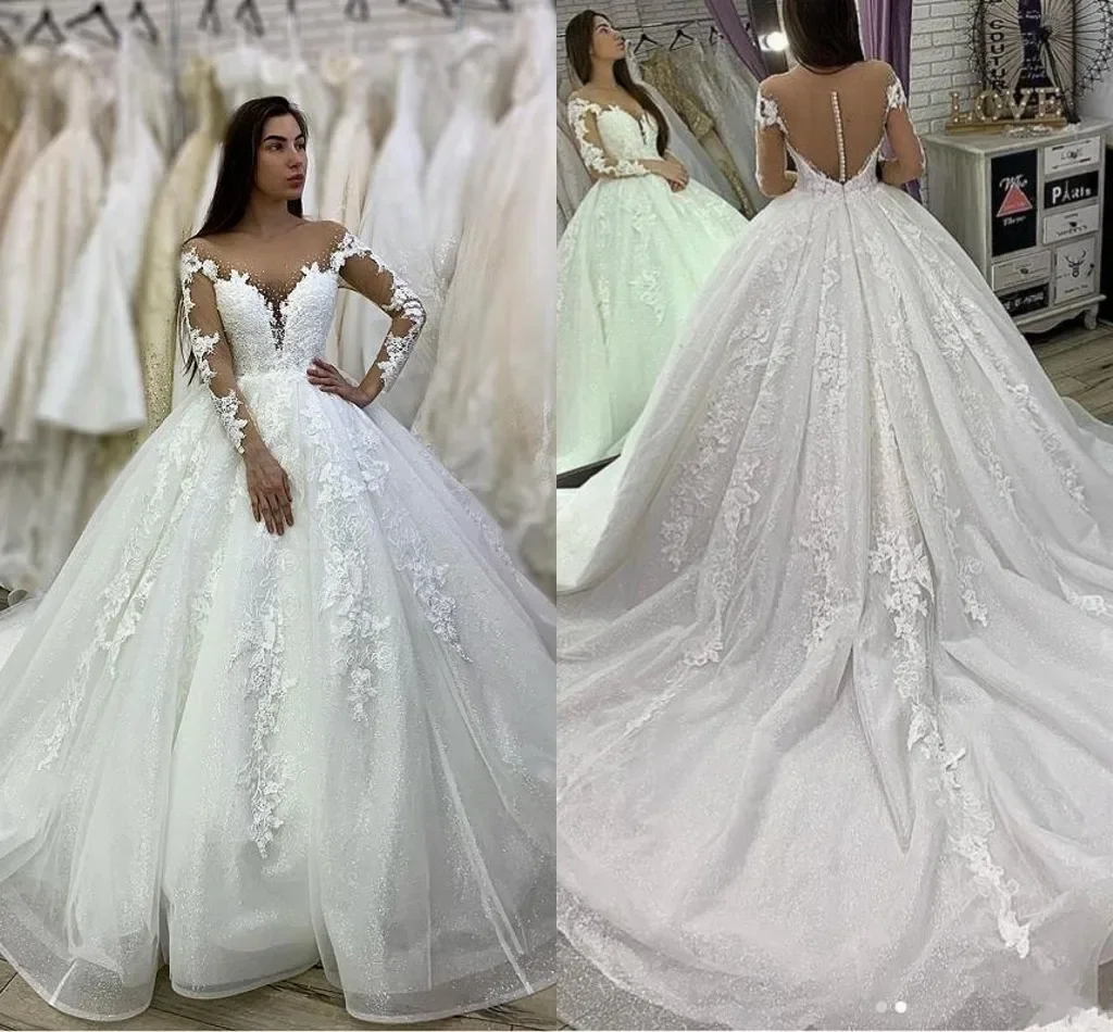 Customized Scoop Neck Lace Appliques Vestidos De Novia Wedding Dress Long Sleeve Plus Size Illusion Buttons Back Bridal Gown