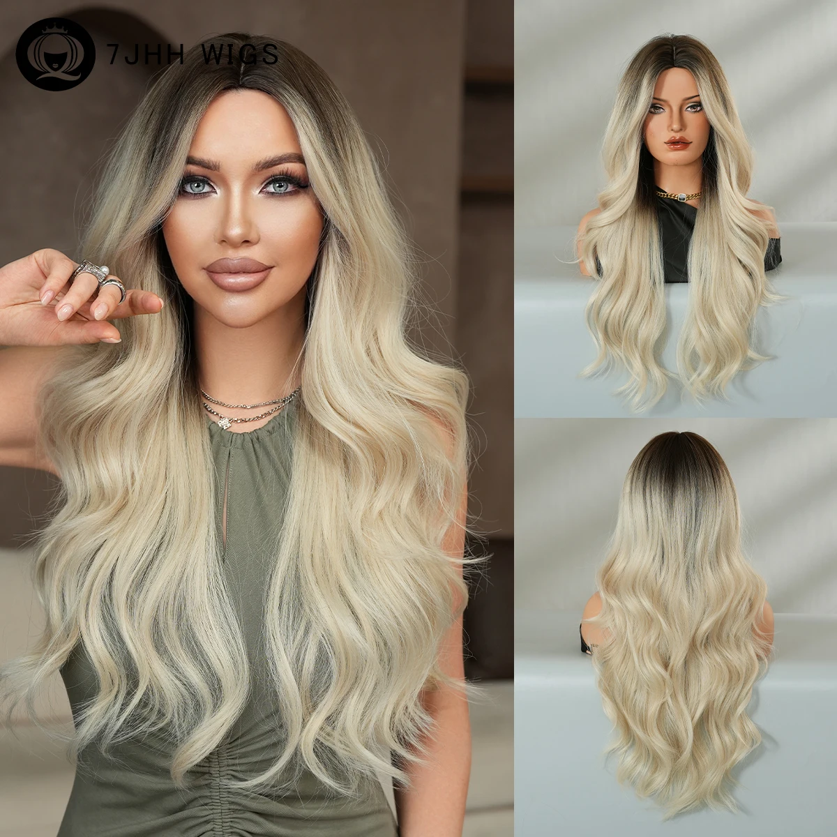 7JHH WIGS Lange, gewellte Champagner-Perücke für Damen, modische synthetische Perücke mit Mittelteil, sofort tragbar, aschblonde Perücken mit dunklem Ansatz