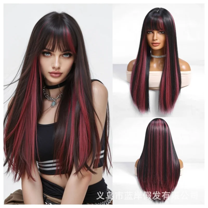 

Halloween wig with bangs, long straight , full head cover, matte high-temperature synthetic fiber hair