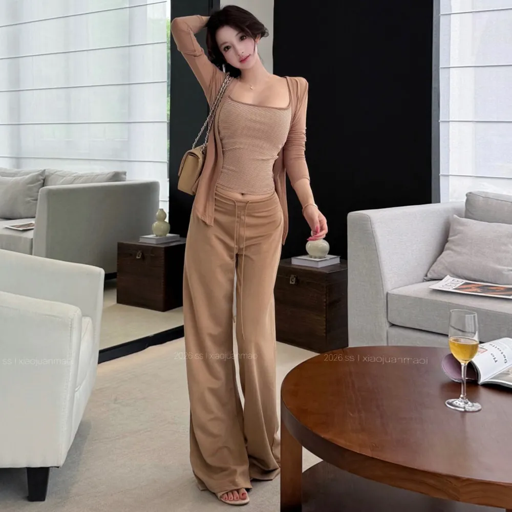 Korean Casual Fashion Color Block Striped Base Tank Top Long Sleeve Open Cardigan Slim Wide Leg Straight Tube Long Pants Set