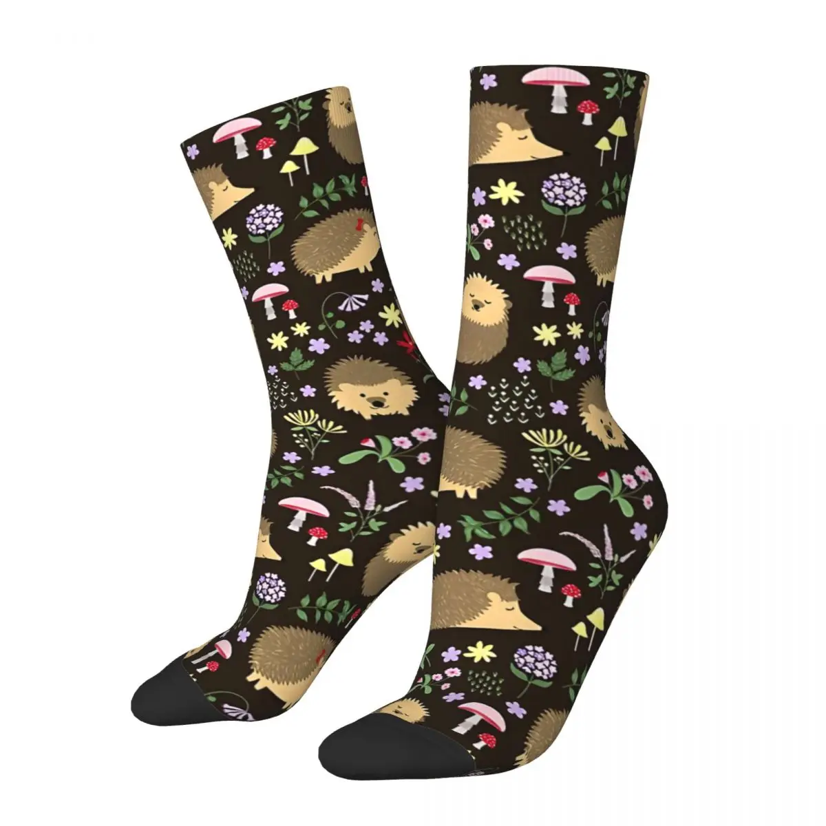 Crazy compression Hedgehogs Amid Woodland Plants And Flowers Sock for Men Harajuku Seamless Pattern Crew Sock Novelty