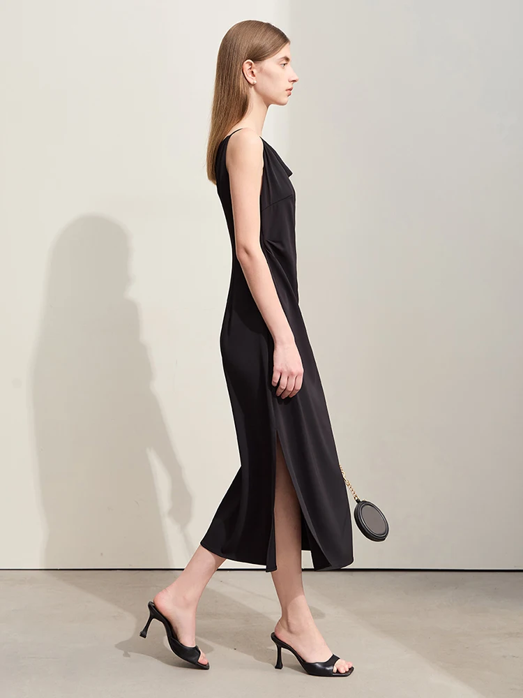 Amii Minimalism Halter Dress For Women 2024 Summer New Elegant Draped Collar Asymmetric Slim Solid Lady Chiffon Dresses 12442010