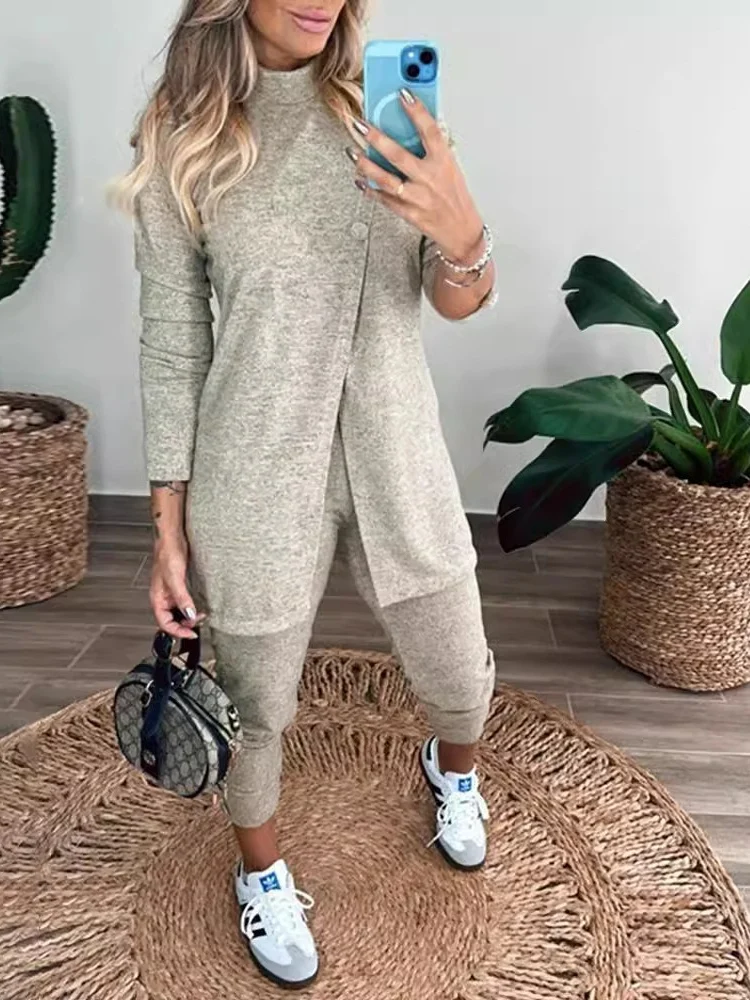 Casual Tracksuit Women Two Piece Set Womens Outfits 2024 Elegant Mock Neck Slit Top & Pocket Design Cuffed Pants Sets Lady Suit