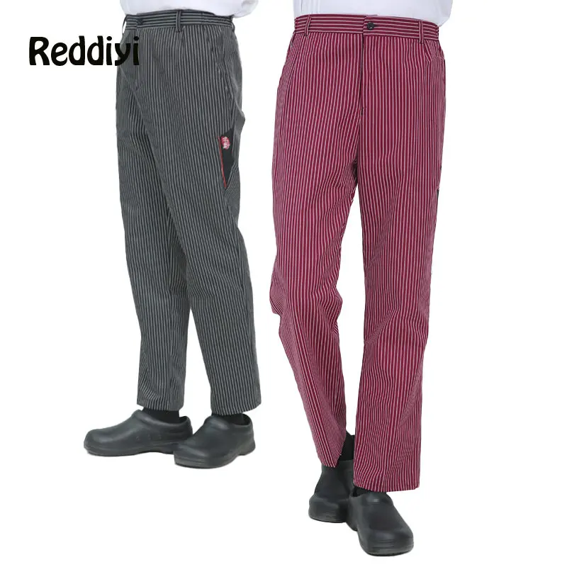 

Restaurant Chef Pants Kitchen Trouser for Men Hotel Black Elastic Waist Bottoms Food Service Waiter Red Stripe Work Pants