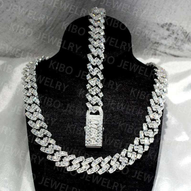 Custom Name Bling Letter Hip Hop Rapper VVS Moissanite Baguette Iced Out Diamond Necklace Cuban Link Chain