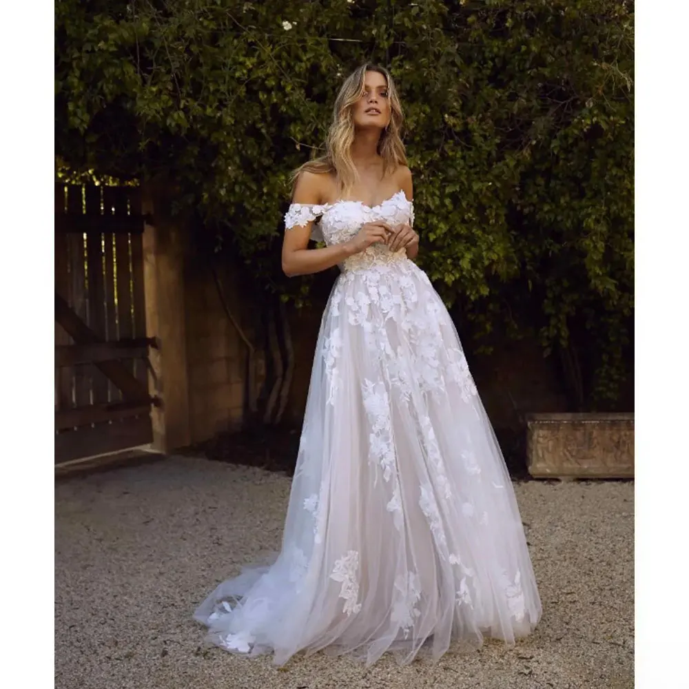 Gaun pernikahan Bohemian elegan wanita 2024 A Line Off Shoulder renda applique Tulle Backless panjang musim panas gaun pengantin