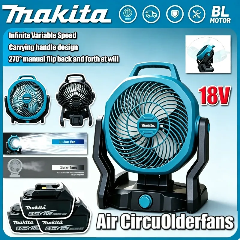 

Makita Outdoor Camping Fan–Rechargeable Cordless Air Circulator,Electric Fan with 360° Rotating Head,Perfect for Tent & Jobsite