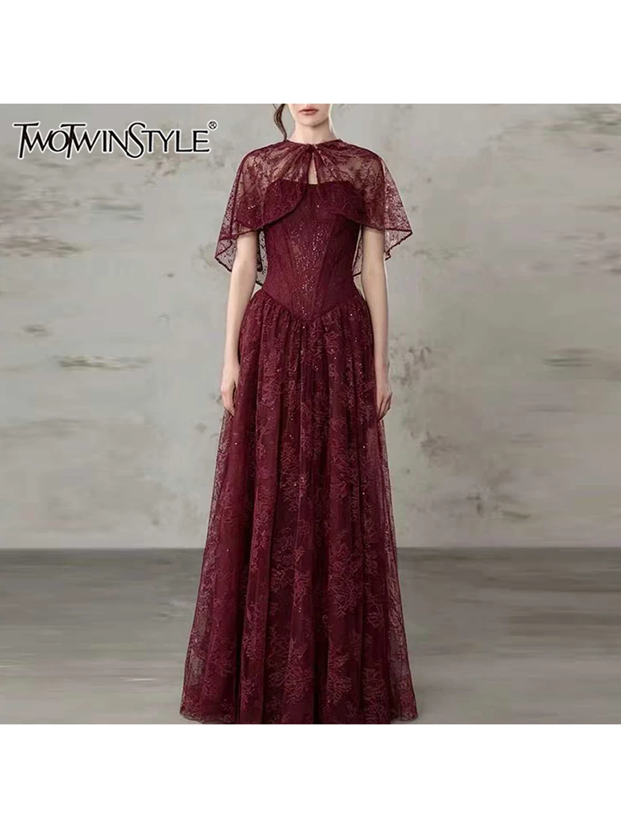 TWOTWINSTYLE Sequin Spliced Lace Slimming Dress for Women Round Collar Cape Sleeve Patchwork Sheer Maxi Dresses Female Fashion