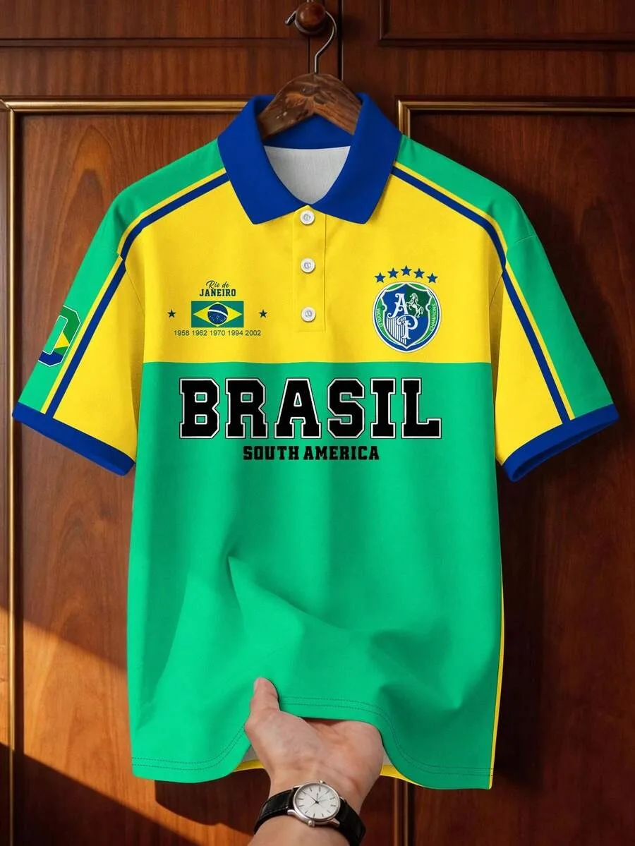 Retro Brasilianisches Rugby-Poloshirt, locker geschnitten, Farbblock-Print T-Shirt, modisches Fußballtrikot, süßes Oberteil, Sommer-Damenmode