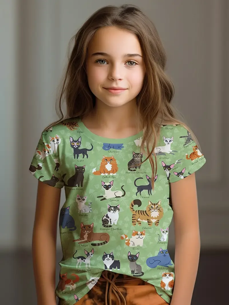 Funny Kids Clothes Children T-Shirt Girl Short Sleeve Cartoon Cat Kawaii Girls Summer Clothes Child T-Shirt Children's Clothing