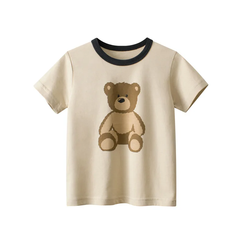 2023 Children Bear Animals Cartoon T-Shirts Tees Clothes for Boy 100% Cotton Striped Short Sleeve Kids Casual Sport Top