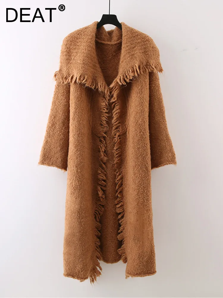 DEAT 2024 Autumn Wome's Knitted Coat Turn-down Collar Tassel Edge Long Sleeve Solid Loose Female Cardigan New Fashion 15C607