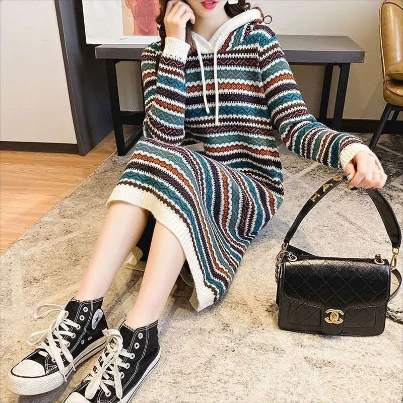 Vintage Folk Striped Knitted Dresses Female Clothing Casual Hooded Autumn Winter Commute Fashion Drawstring Straight Midi Dress