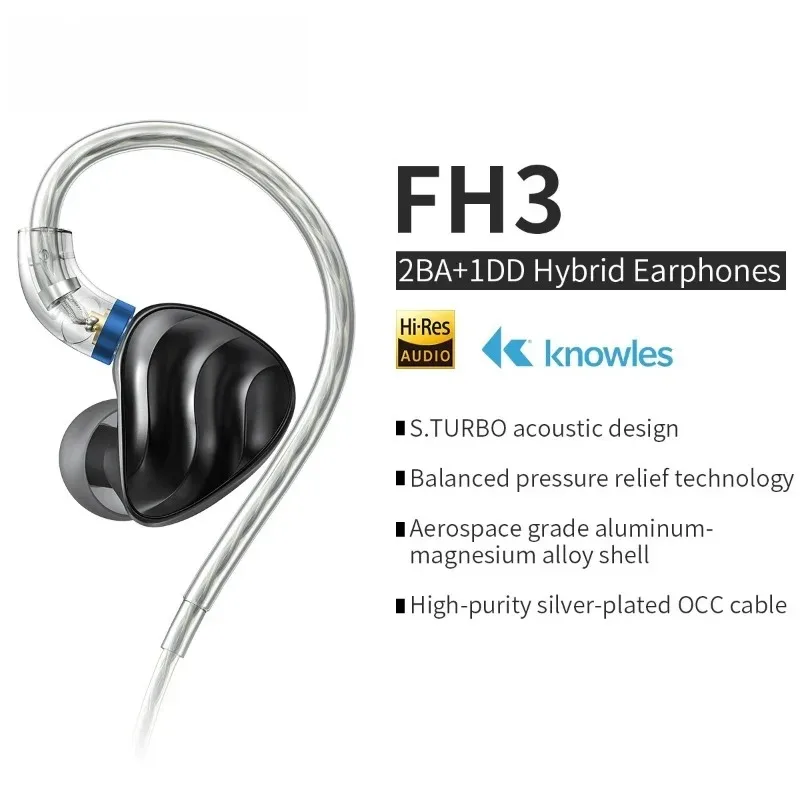 FiiO FH3 2BA+1DD Knowles Beryllium-plated Dynamic Hybrid Driver in-ear Earphone IEM S.TURBO Acoustic Design Alloy Shell MMCX