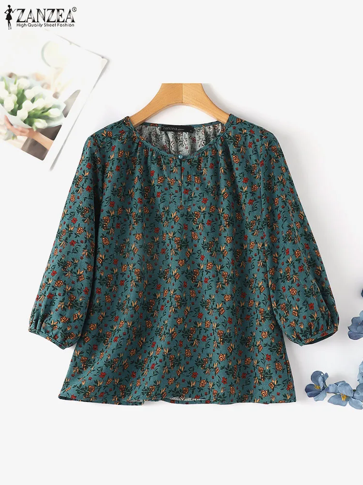 ZANZEA Summer Elegant Casual Holiday Shirt Women Bohemain Floral Print Blouse Casual O Neck 3/4 Sleeve Shirt Vintage Work Tops