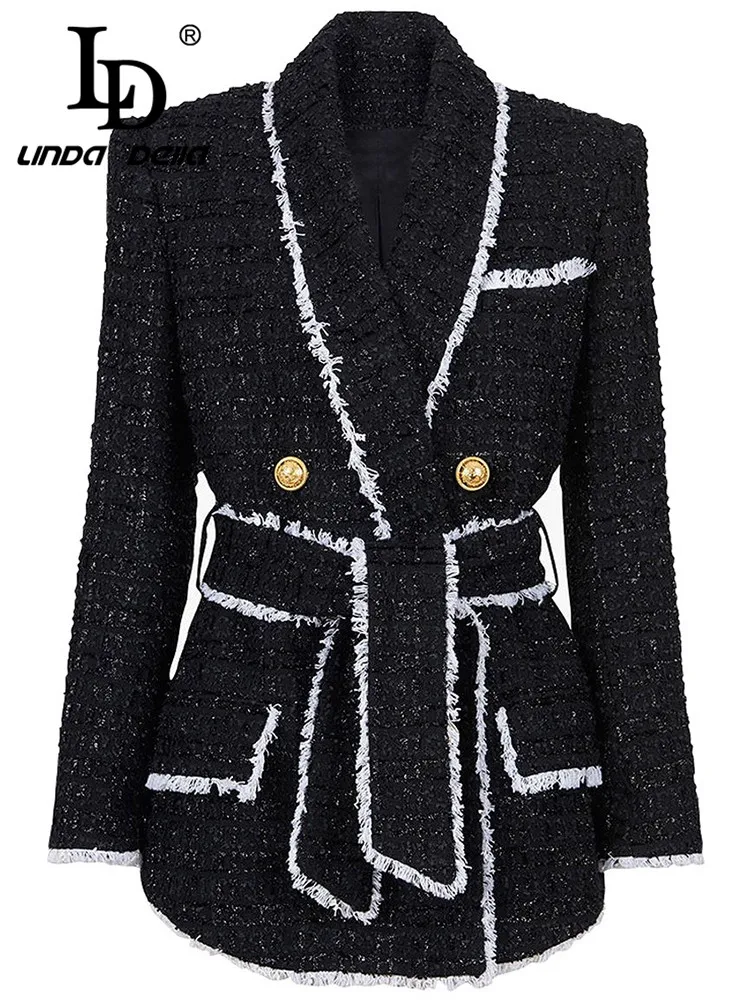 LD LINDA DELLA Autumn and winter Vintage Designer warm Coat Women\'s White Double-breasted Lacing waist Slim Fit Short Coat