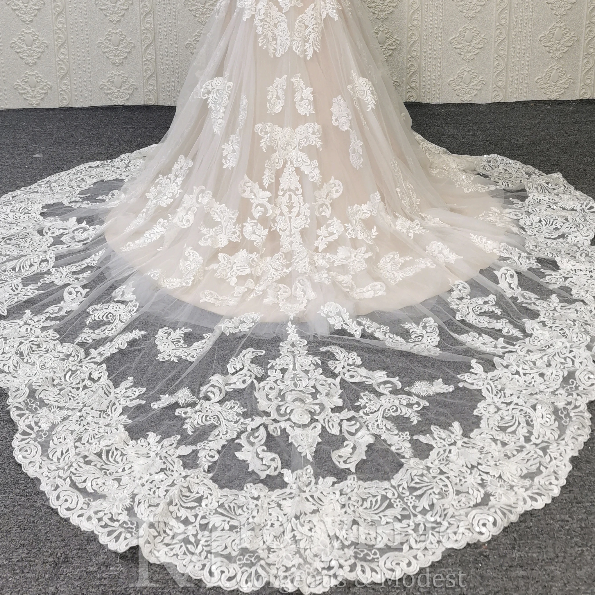 Rosymae elegante vestido de noiva estilo trompete com decote em V profundo sobreposição de renda elegante vestido de noiva