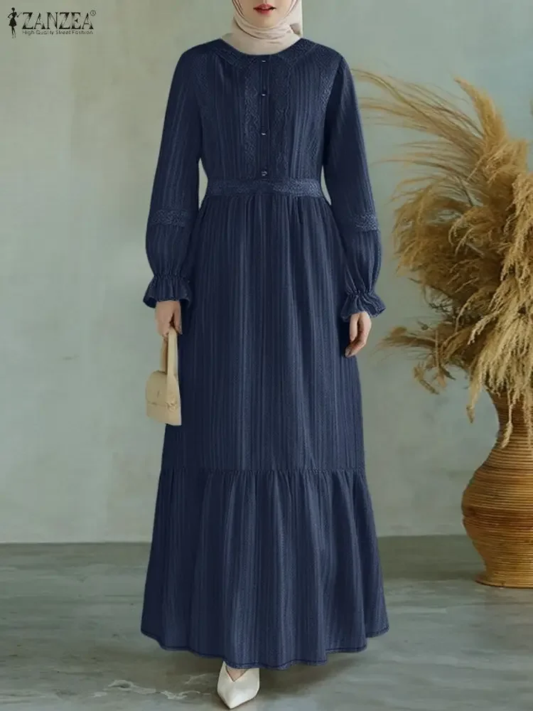 2026 ZANZEA Spring Lace Patchwork Dresses Autumn Muslim Abaya Dress Women O Neck Long Sleeve Pleated Sundress Ramadan Hijab Robe
