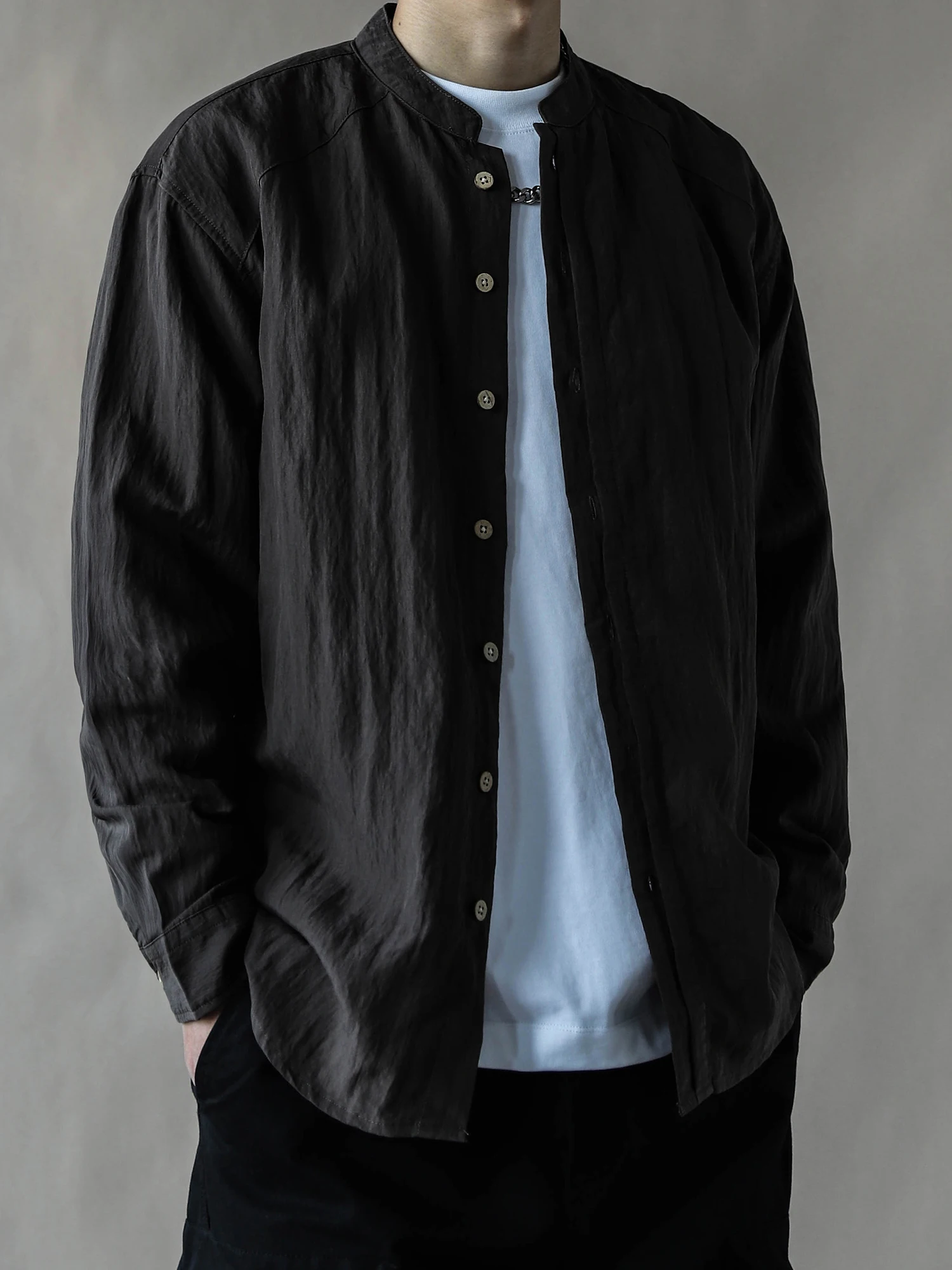 

Retro Japanese Sle Long Sve Men's irt Casual Loose Cotton Silk Blend Button up Brown ey Color Blo Asymmetrical