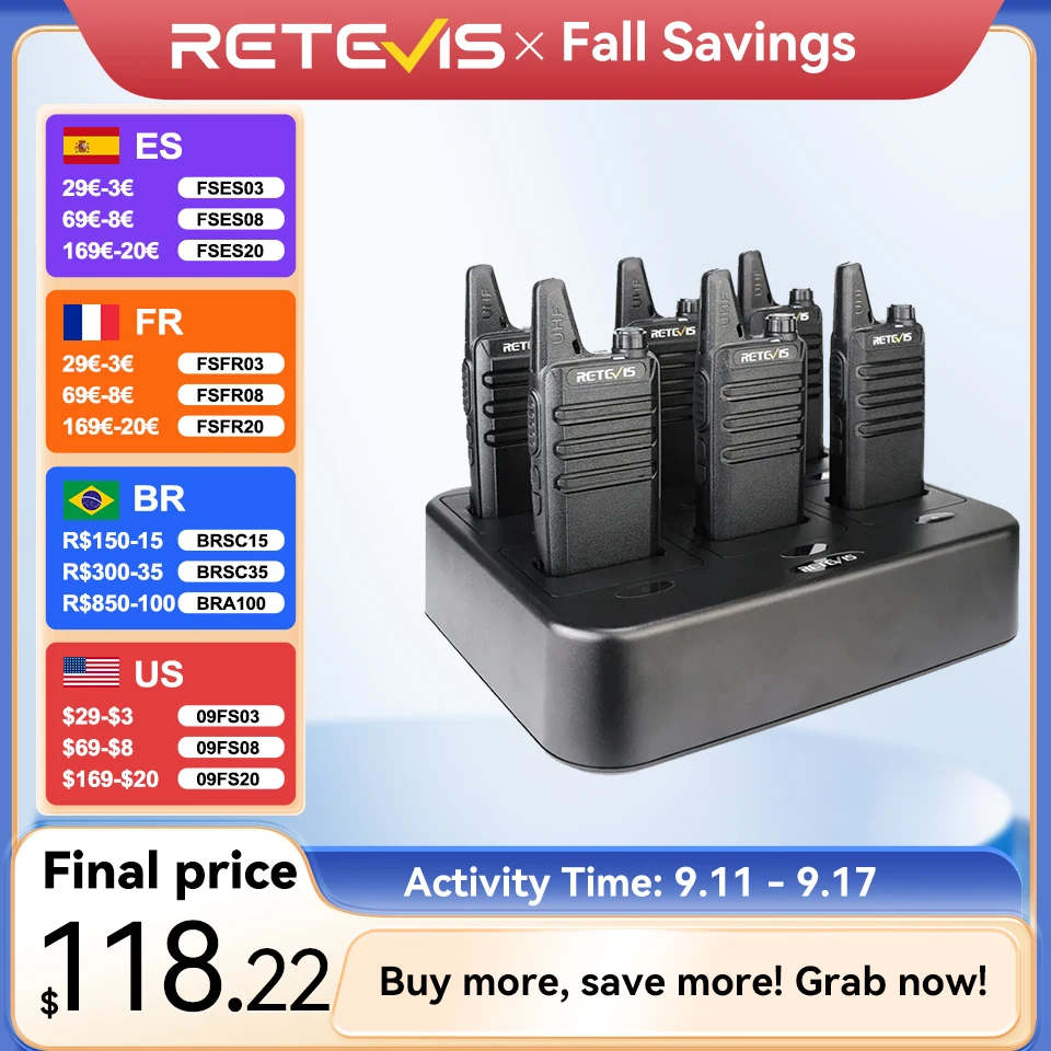 Retevis Walkie Talkie 6 szt. Walkie Talkie Profesjonalne Mini PMR PMR446 FRS do restauracji hotelowej z 6-kierunkową ładowarką wielopunktową