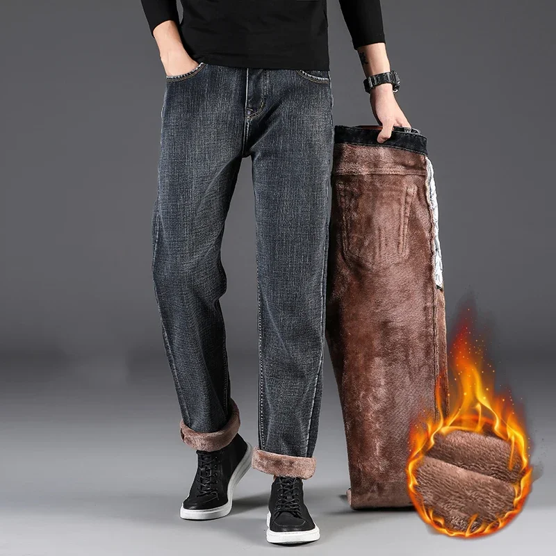 Winter Men's Fleece Warm Jeans Thickened Classic High Waist Loose Straight Denim Pants Retro Smoke Gray Elastic Trousers 42 44