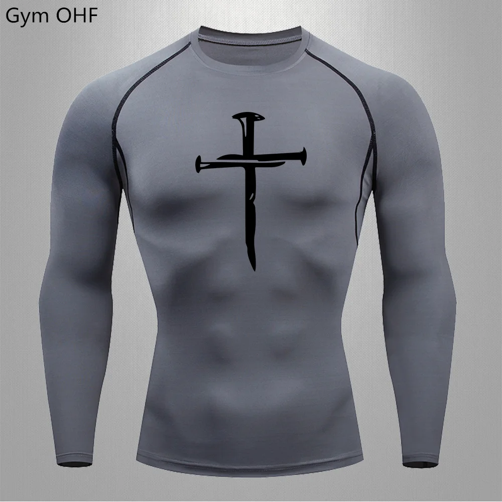 Men's compression shirt Cross print Gym Sport Quick drying Gym T-shirt Fitness Sport Undershirt Elastic top T-shirt Summer men