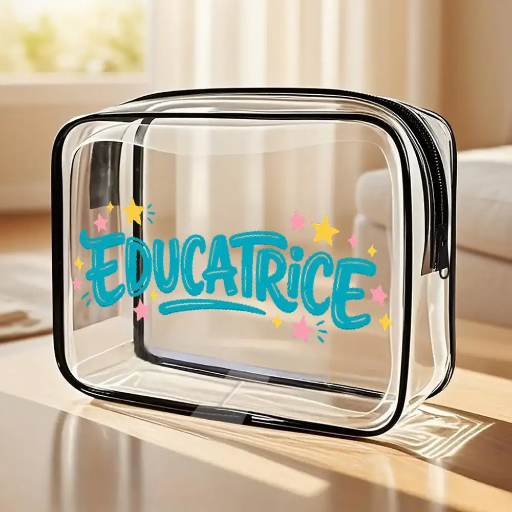 Stars Educatrice Handwritten Lettering Clear PVC Makeup Bag Playful Vibrant Design Zippered Portab for Women Summer Travel Bags
