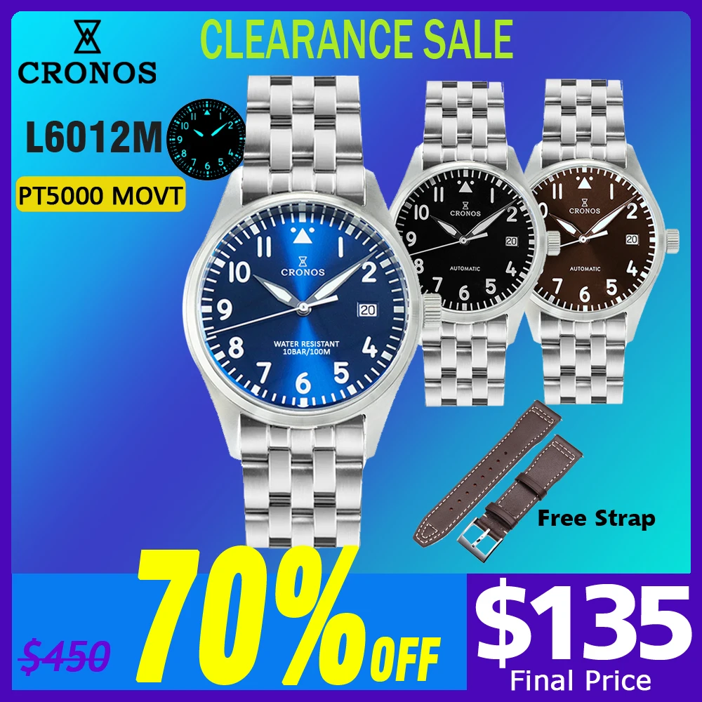 Cronos Pilot Flieger Mechanical Men Watch 39mm Stainless steel Super Lum Domed Sapphire Crystal Leather Nylon Strap L6012