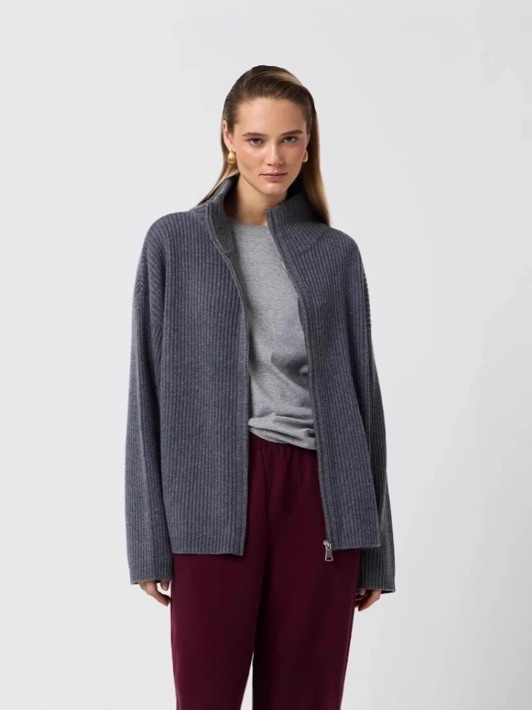 2025 Autunno e Inverno Moda Nuove Donne Elegante Cardigan di Lana Lavorato a Maglia Cerniera Stand Up Colletto a Maniche Lunghe Giacca Calda Spessa