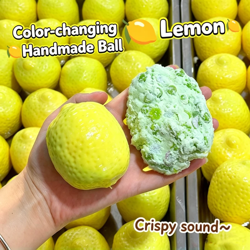 Handmade Crispy Lemon Squeeze Toy Color-Changing Crunchy Squishy Fidget Ball ASMR Sensory Stress Relief Fruit Crunch Toy