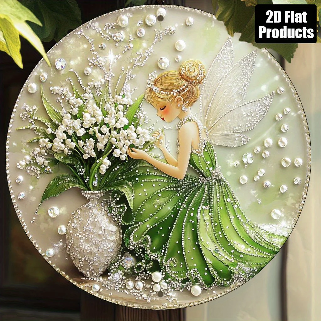 1 Stück Aluminium-Wandkunst „Schmetterlingsfee und Maiglöckchen“ – 20,3 x 20,3 cm großes, vintage-inspiriertes Blumen-Metallschild mit Perlenakzenten, Nr