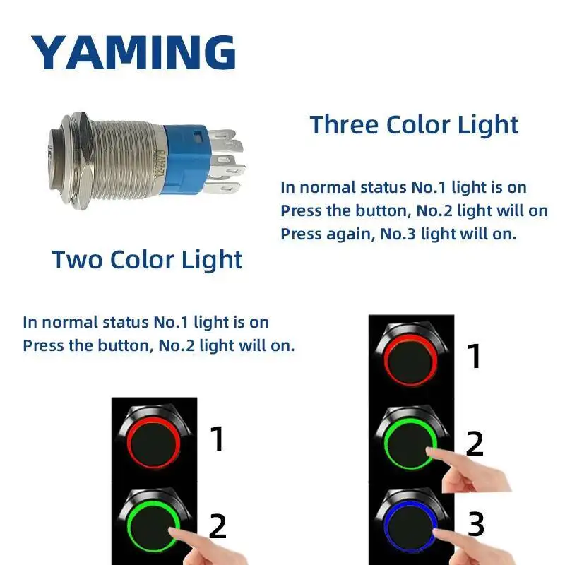 16/19/22mm Interruttore a pulsante in metallo con luce LED rotonda piatta a due/tre colori Personalizza alimentatore IP65 impermeabile Ripristino autobloccante