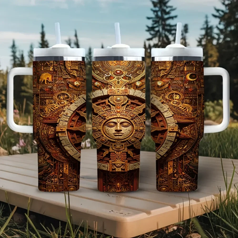 Vintage Mayan Solar Calendar Carving Print 40Oz Tumbler with Handle, Suitable for All, Fits Hot And Cold Drinks, Perfect for Daily Use And Outdoor Activities