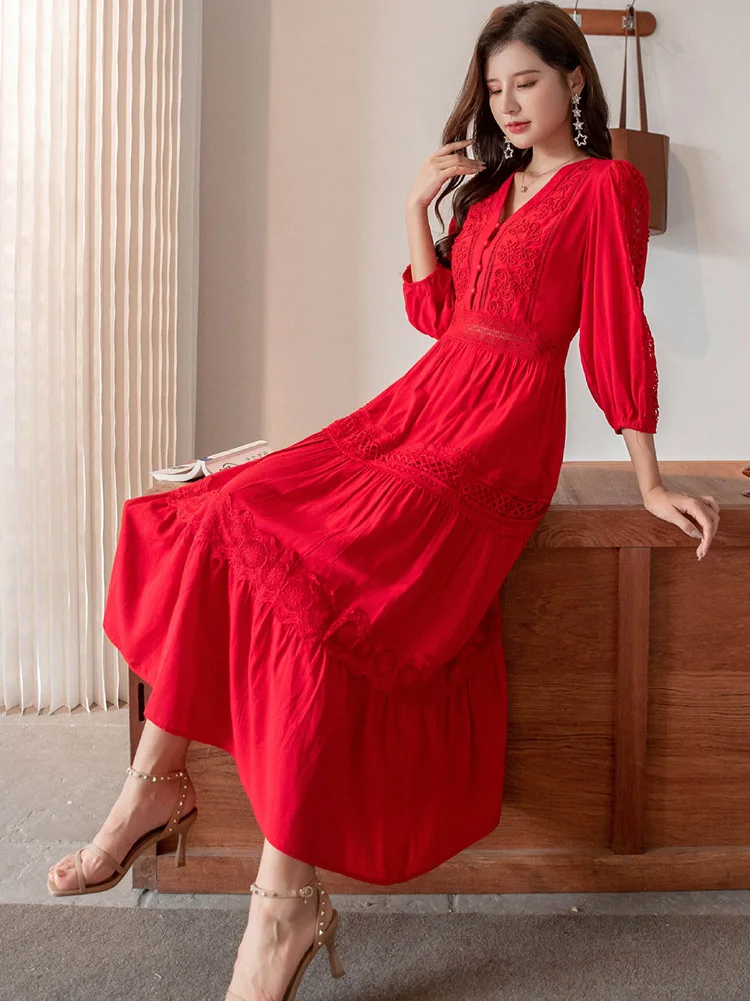 Khalee yose vintage boho vermelho midi vestido com decote em v bordado em camadas oco para fora manga solitária feminino babados férias vestidos casuais novo