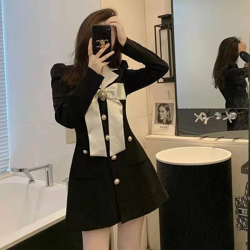 Long Sleeve Dresses Women Notched Bow Design Office Lady Korean Fashion A-line Classy Profession Style Daily Autumn Vestidos